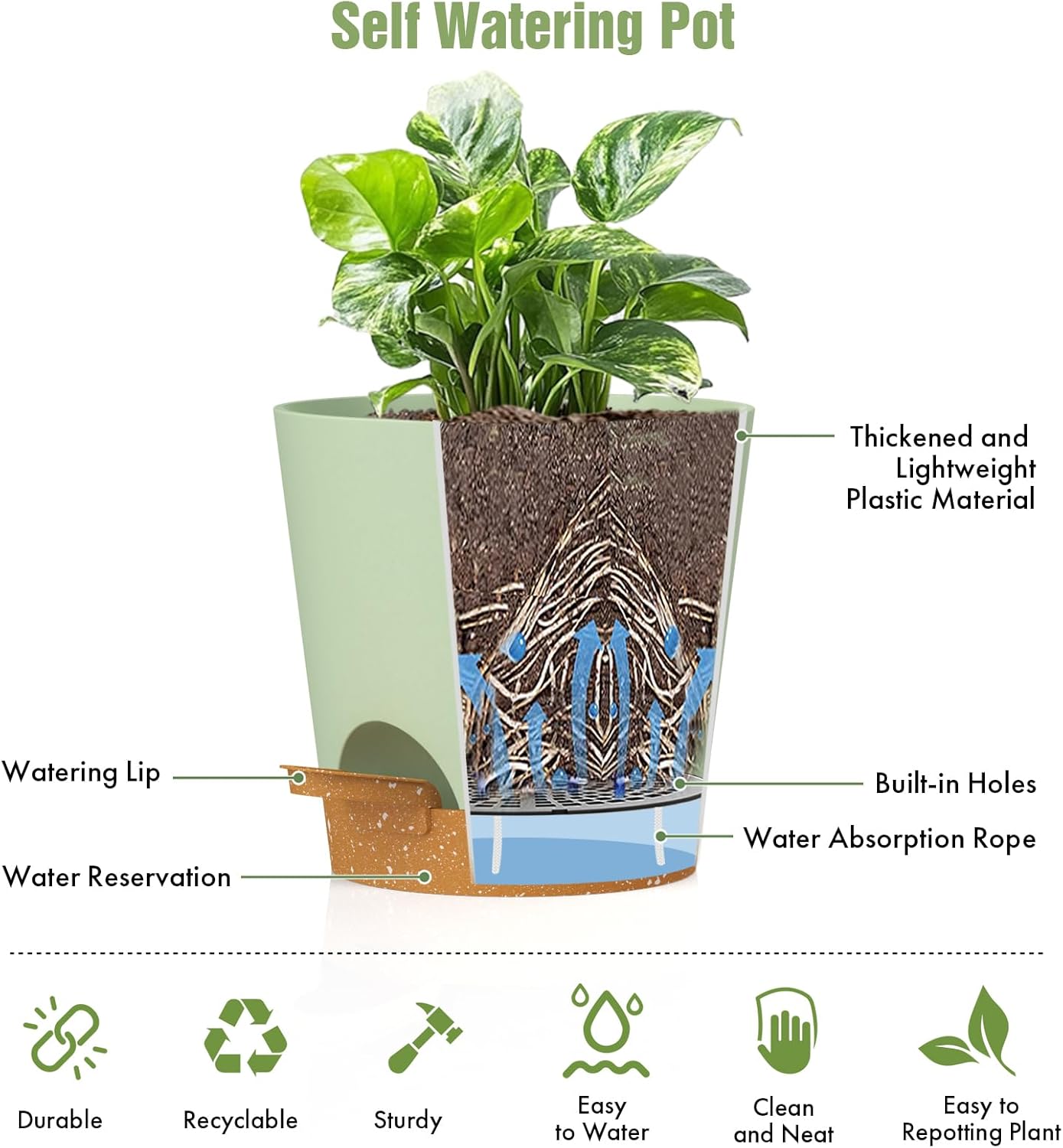 4 inch Self Watering Pots for Indoor Outdoor Plants, 6 Pack Plastic Flower Planters with Drainage Holes and Removable Saucers, Plant Pots with Wicking Rope, Modern Decor, Green Brown