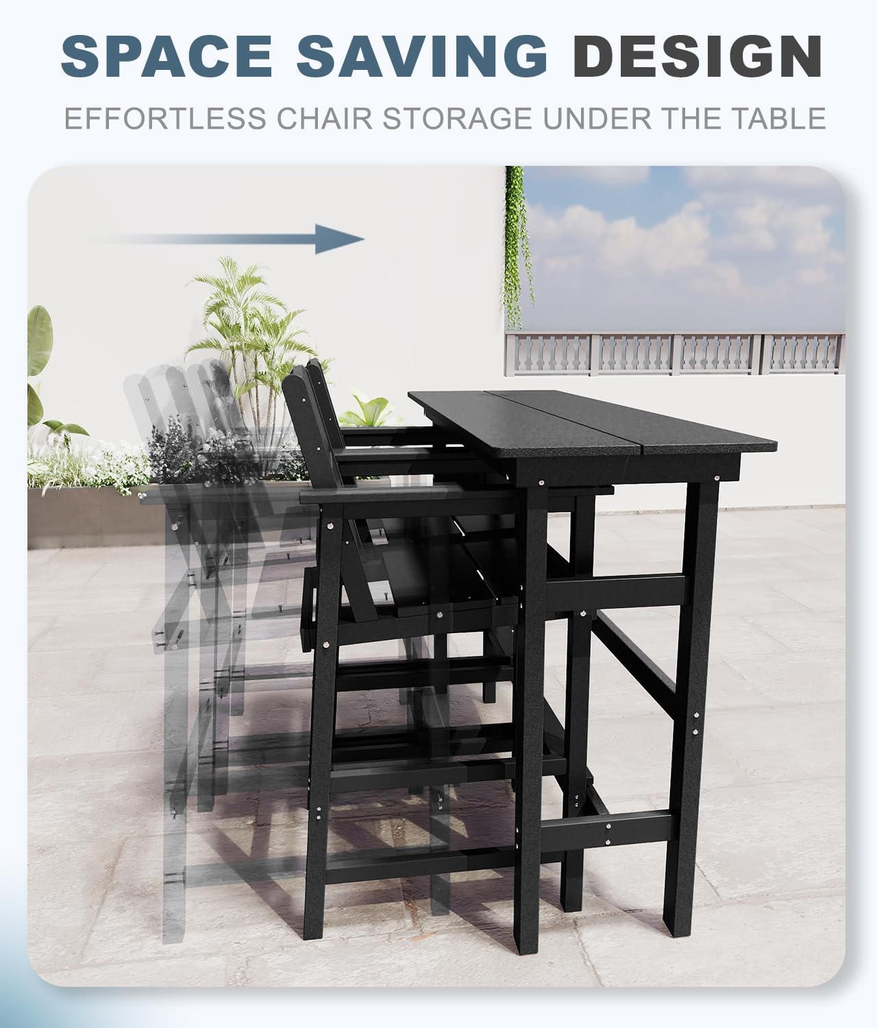 Bar Height Patio Table and Chairs Set, HDPE Outdoor Adirondack Bar Chairs and Patio Table, All-Weather Patio Furniture for Poolside, Backyard, Garden, High Top Patio Bar Set (Black, 3-Piece)