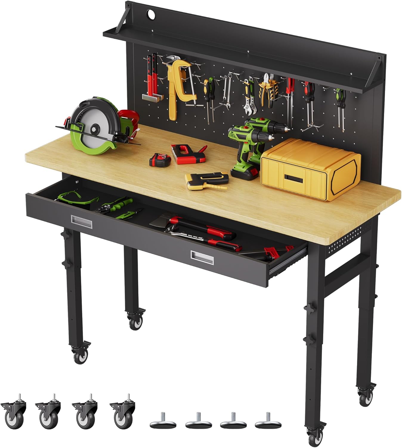 TITIMO 60" Adjustable Workbench with Drawers, Work Benches for Garage with Pegboard, 2000 LBS Heavy Duty Rubber Wood Tabletop with Power Outlet, Rolling Work Table with Wheels for Workshop, Office