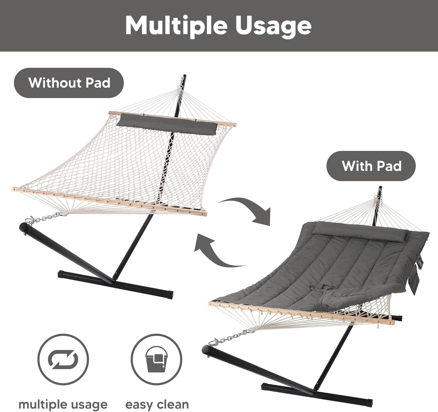 SUNCREAT Double Outdoor Hammock with Stand, Two Person Cotton Rope Hammock with Polyester Pad, Dark Gray