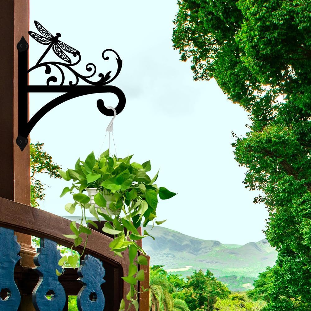 peacoblue Iron Plant Hangers Hooks for Outdoor Indoor Hanging Plants Flower Fern Pots Lantern Bird Feeder, 12"x15" Weather Resistant Metal Wall Holder for Porch Garden Farmhouse(Vintage Dragonfly)