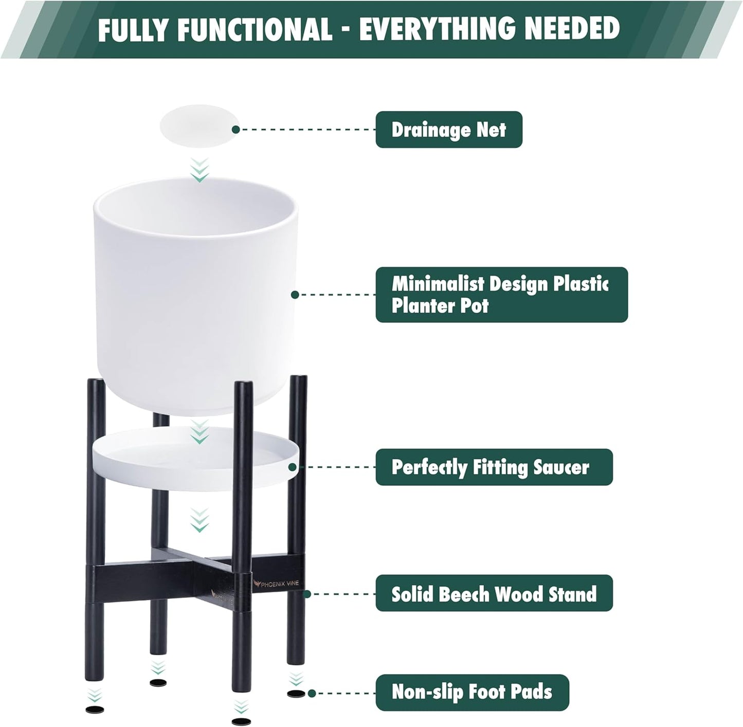 D'vine Dev Planter Pot with Stand - 10 Inch Plastic Cylinder Flower Pot with Wood Planter Holder for Indoor, Matte White Pot + Ebony Stand, 55-C-N-1