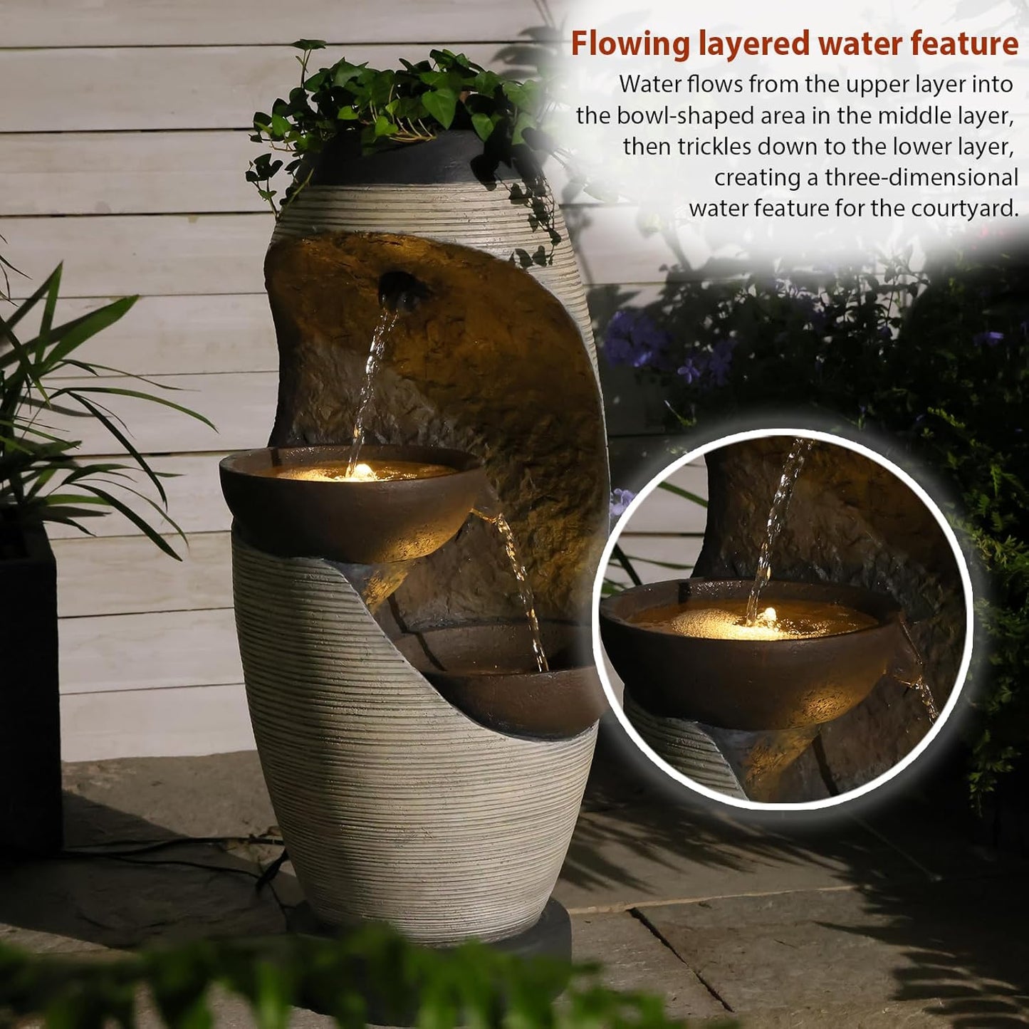 27.95''H Outdoor Garden Water Fountain, 2-Tier Bowl Shaped Floor - Standing Waterfall Fountain Indoor with LED Lights for Yard, Garden, Patio,Backyard & Home Decor