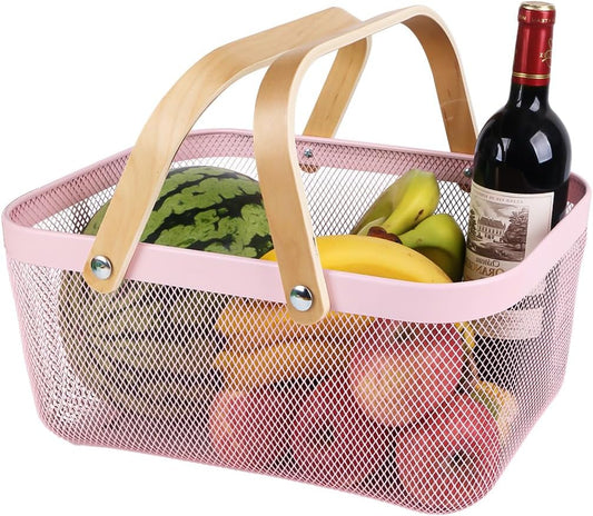 Portable Mesh Harvest Basket - Natural Bamboo Handle Foldable Organizer for Kitchen, Garden & Picnic | Ventilated Storage Bin with Rust-Proof Wire, Space-Saving Farmhouse Decor (Pink)