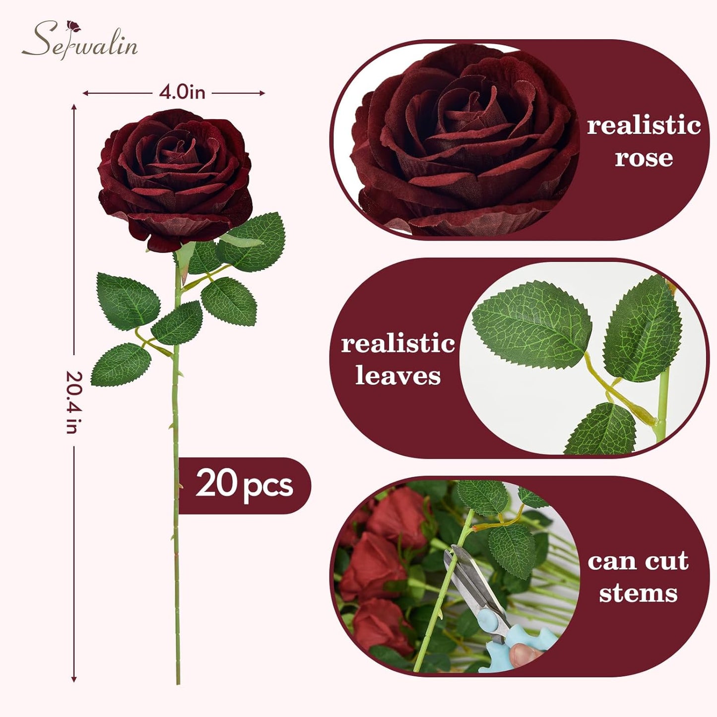 Serwalin 20pcs Artificial Dark Red Roses, 4'' Big Velvet Flower Head Fake Roses, Realistic Silk Roses Real Touch Bouquet Long Stems for Wedding Home Decor and Table Centerpiece