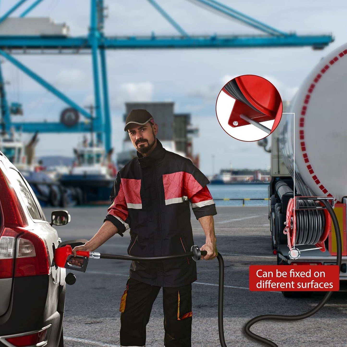 Fuel Hose Reel with Fueling Nozzle, 1" x 33FT Retractable Diesel Hose Reel, 300 PSI Industrial Heavy Duty Auto Swivel Rewind Hose Holder Reels, for Vehicle Tank Truck Trailer Ship