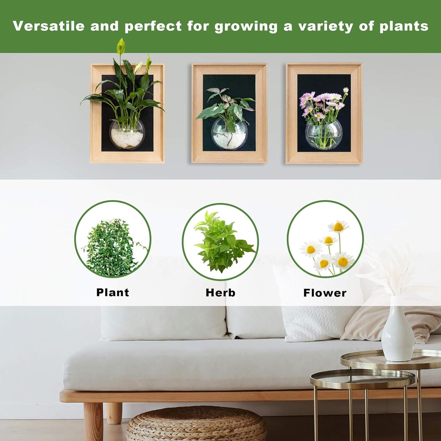 Natural Wooden Frame Wall Hanging Planter for Hydroponic Plants, 12'' x16''inch Wall Vase with Round Acrylic Propagation Station，Bathroom, Office, or Living Room Décor, Set of 3