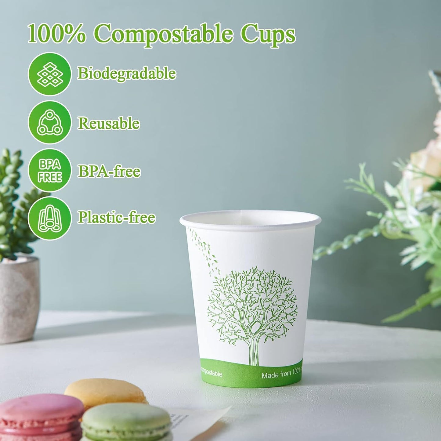 ECOLipak 300 Count Compostable Paper Cups, 8 oz Biodegradable Disposable Paper Coffee Cups with PLA Lined, Eco-friendly Hot Drinking Cups for Party, Picnic,Travel,and Events