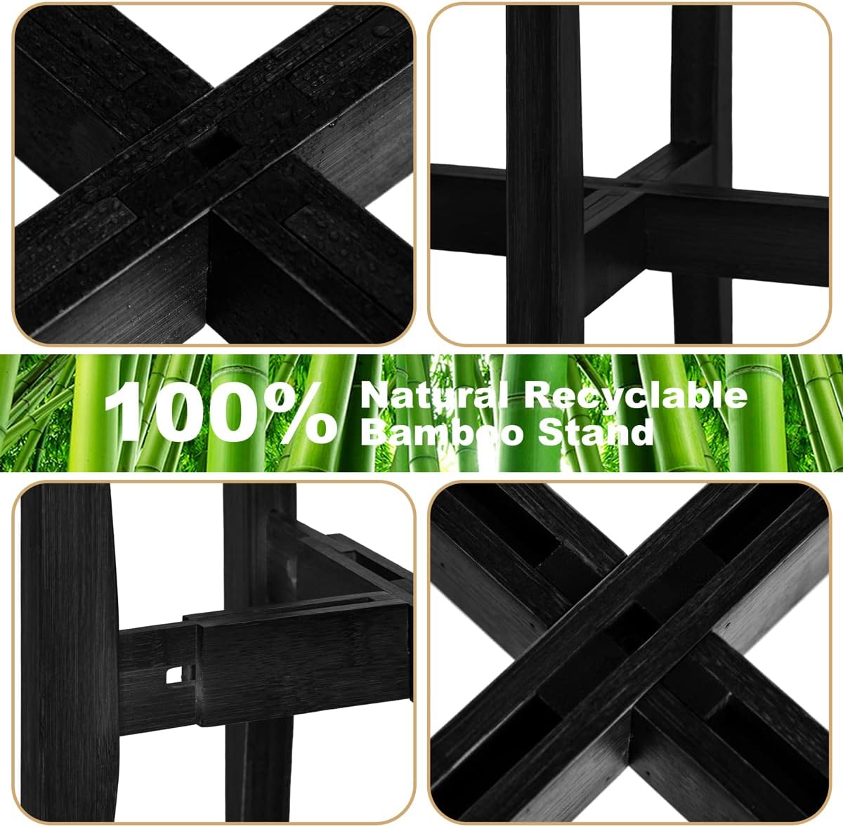 OERGKE Adjustable Plant Stand Indoor, Bamboo Mid Century Modern Plants Stands, Corner Flower Holder for Living Room, Fits 8 to 12 Inches Pots, (Pot & Plant Not Included)(Black, 1 Pack)