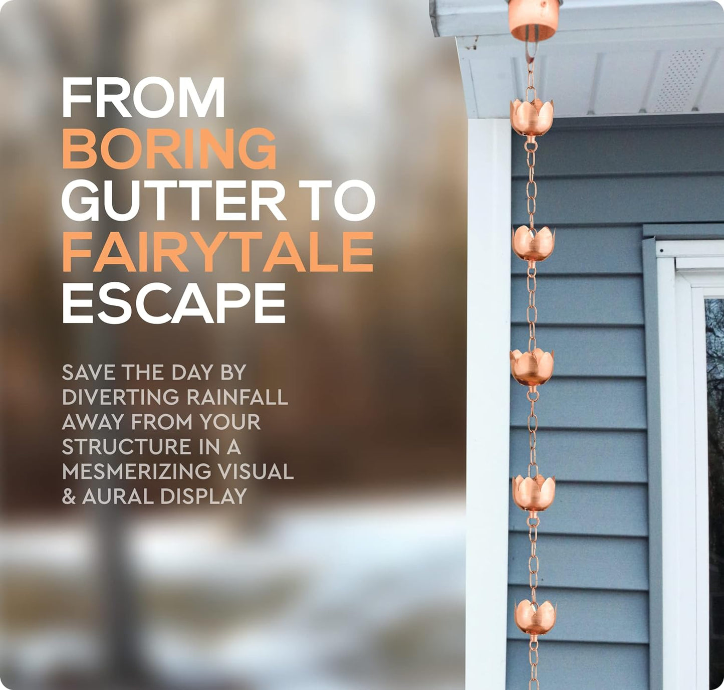 Copper Rain Chain – Decorative Chimes & Cups Replace Gutter Downspout & Divert Water Away from Home for Stunning Fountain Display – 3’ Long for Universal Fit – Flower Style