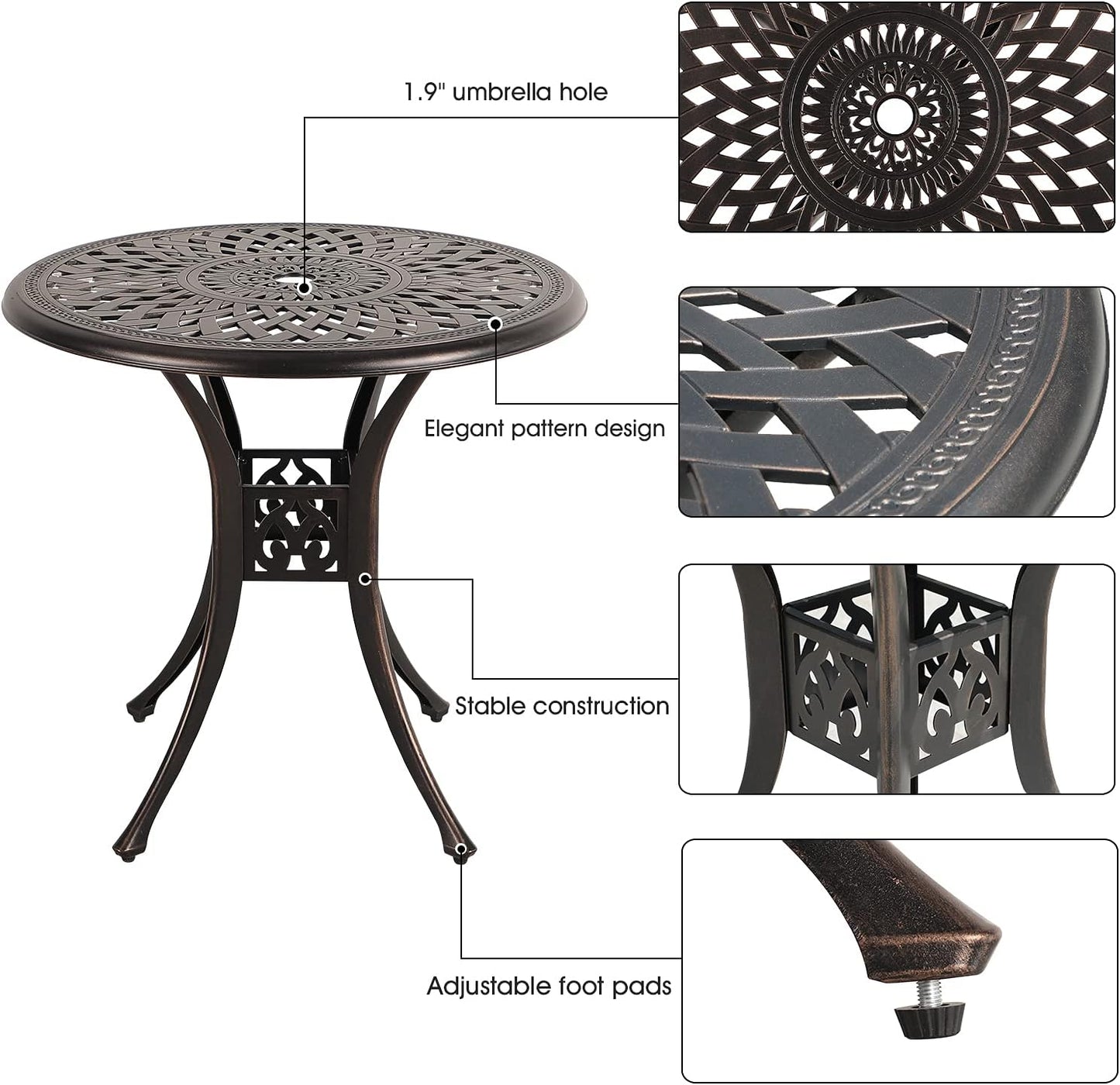 COBANA Patio Bistro Table, 31’’ Round Cast Aluminum Outdoor Dining Retro Side Table with 2’’ Umbrella Hole, Bronze