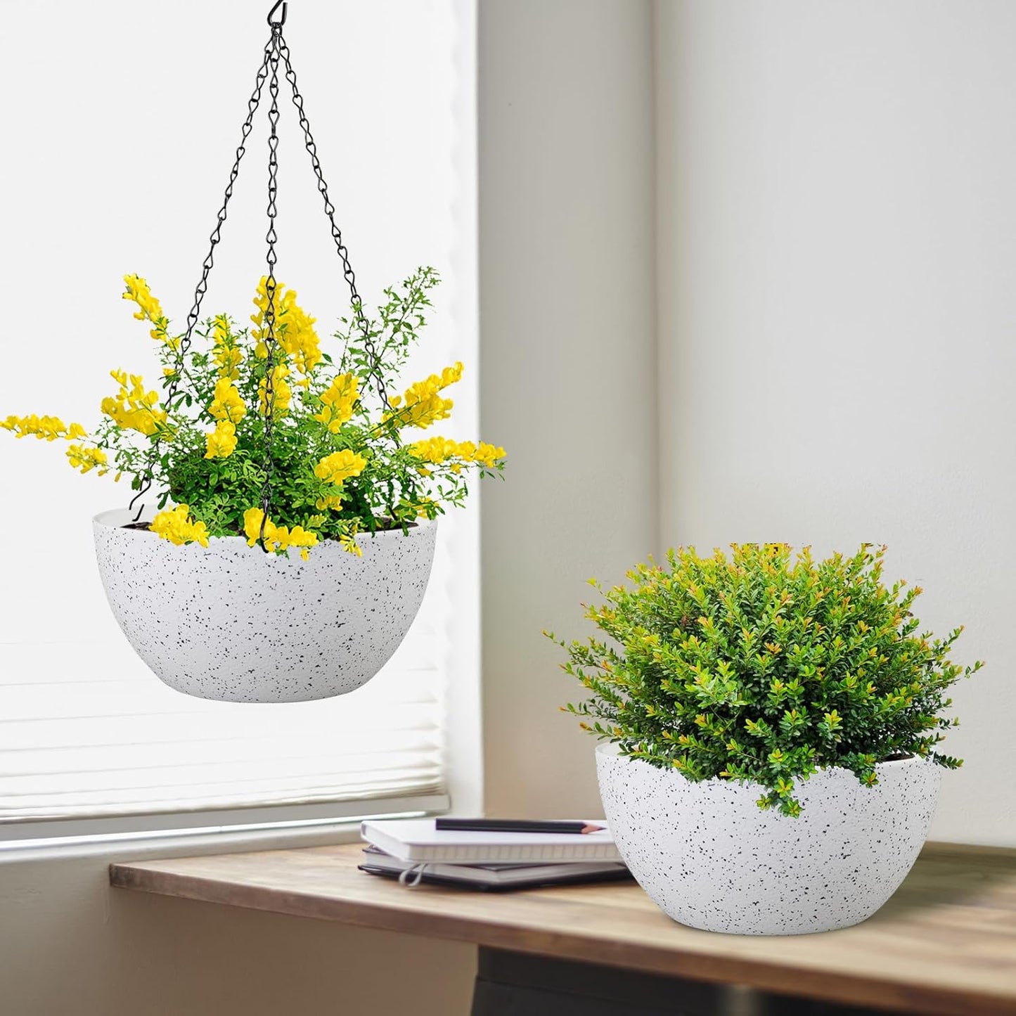 12 inch Large Hanging Planters for Indoor Outdoor Plants, 2 Pack Hanging Flower Pots with Drainage Holes and Chain for Garden Porch, Plastic Hanging Baskets for House Plants, Speckled White