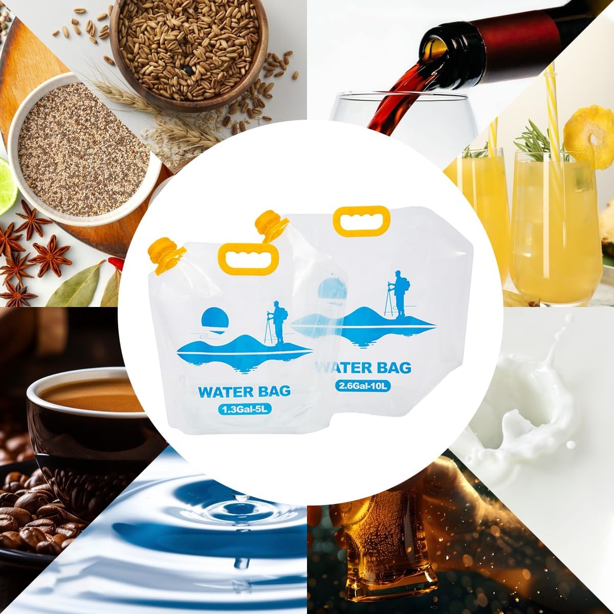 Collapsible Emergency Water Container Bag,WaterStorageCube,Flat Folding,BPA Free Food Grade,Clear Plastic Storage Jug for Camping Hiking Backpack,No-Leak Freezable,Water Bottle 2.6 Gallon/2pcs