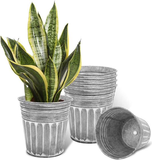 vensovo 7 Inch Silver Metal Rustic Flower Pots - 6Pcs Medium Galvanized Planters with Drainage Hole and Rubber Plug, Rustproof Metal Bucket Plant Pots Farmhouse Vintage Style for Decor