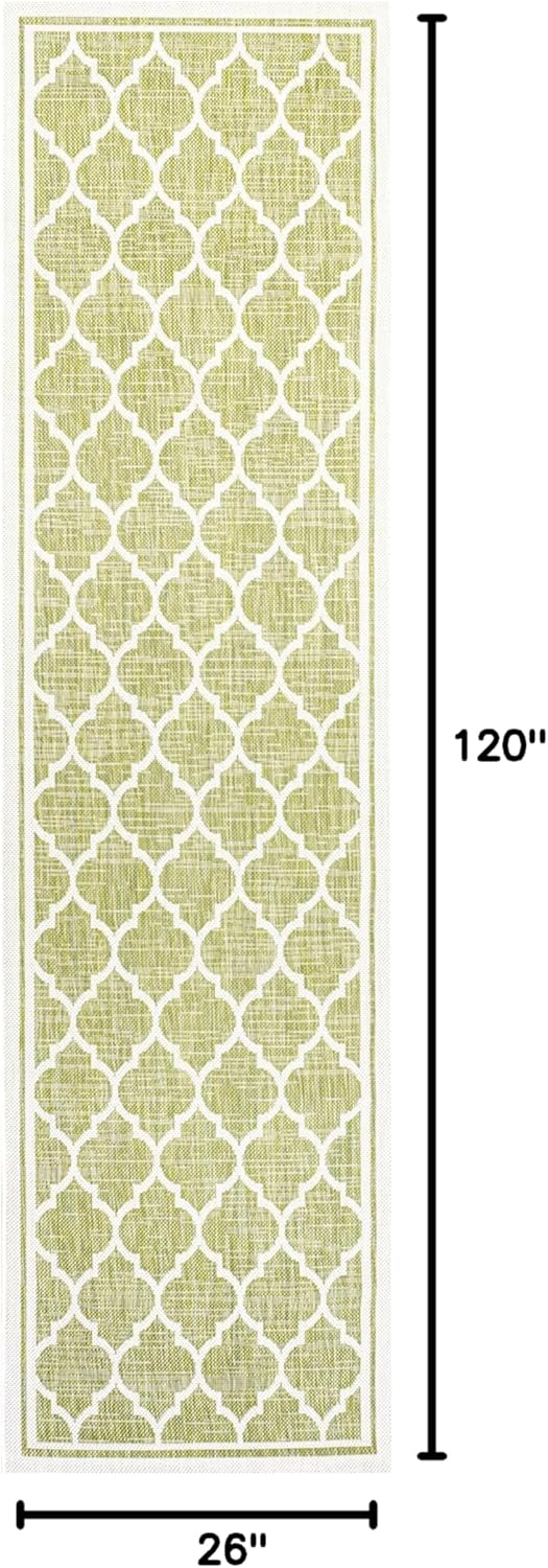 Eyely BMS109G-210 Santa Monica Trebol Moroccan Trellis Textured Weave Indoor/Outdoor Runner Rug Coastal;Bohemian, Bedroom, Backyard, Patio, Easy-Cleaning, Non-Shedding, 2 X 10, Green/Cream