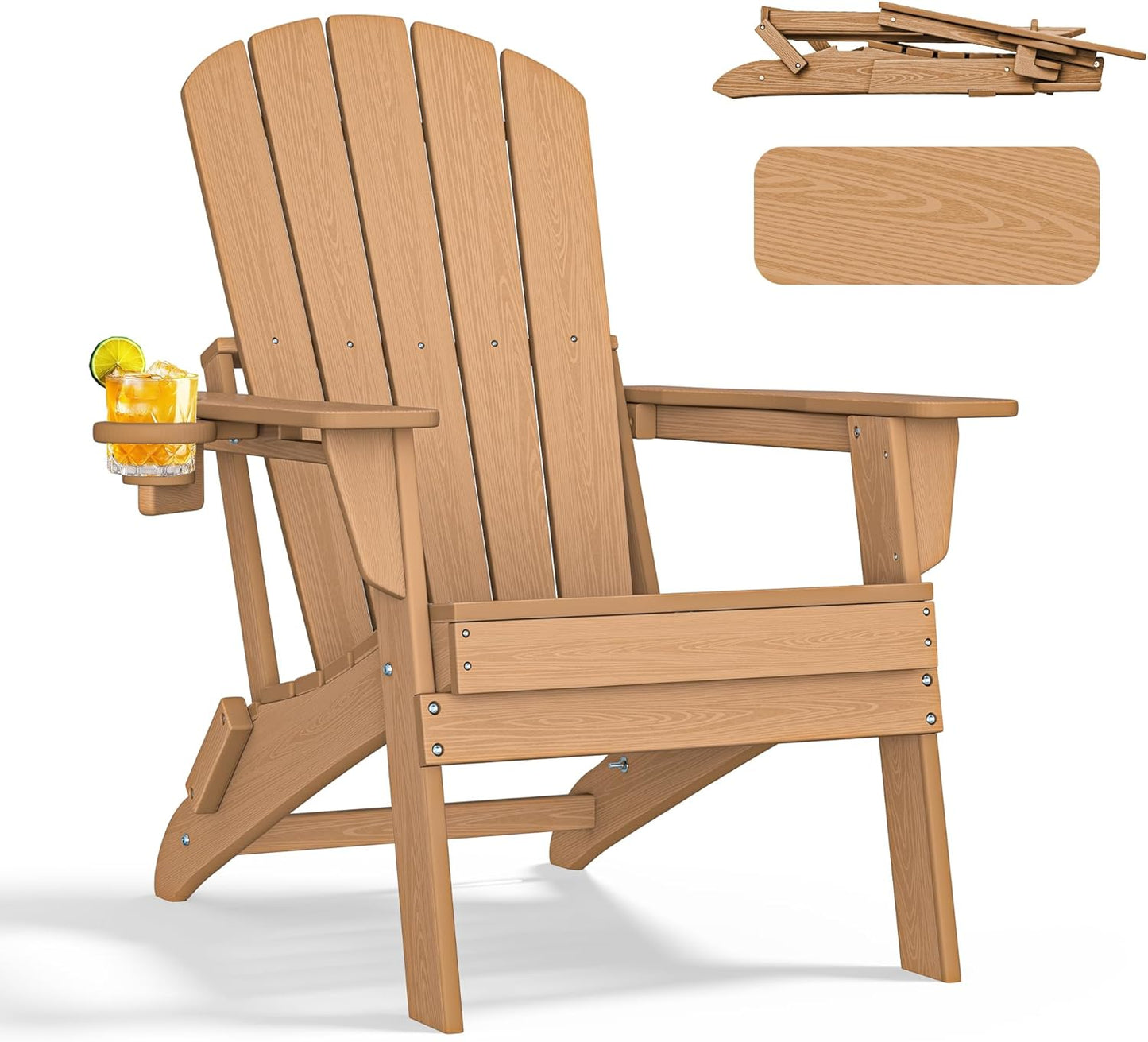 Folding Adirondack Chair - Extended Ergonomic Backrest, Cup Holder - Easy Assembly - Durable HDPE Plastic, Weather Resistant & Maintenance-Free - Lawn, Patio, Deck Supports 400lbs Teak