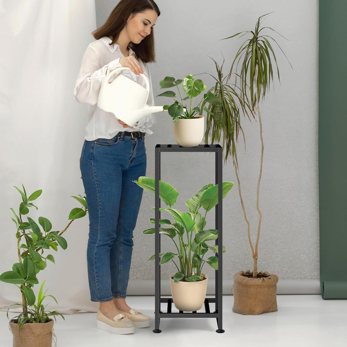 Plant Stand Indoor Outdoor, Wrought Iron Plant Stands 2 Tier Heavy Duty Metal Pedestal Stand Decorative Flower Stand for Patio Garden Deck Living Room