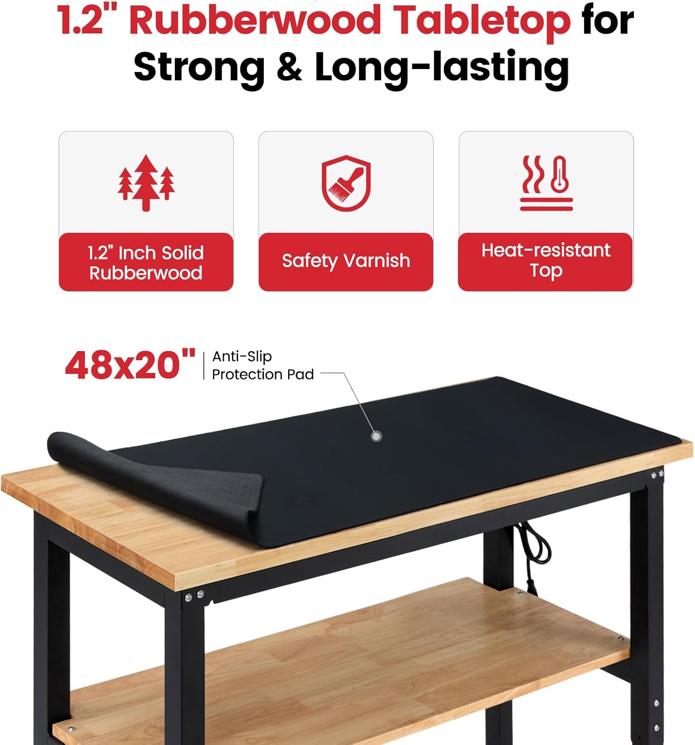 Adjustable Height Work Bench 48 x 20 Workbench for Garage Work Table with Under Table Shelf for Shop Woodworking, Heavy Duty Rubber Wood Top for Office, Home, Commercial