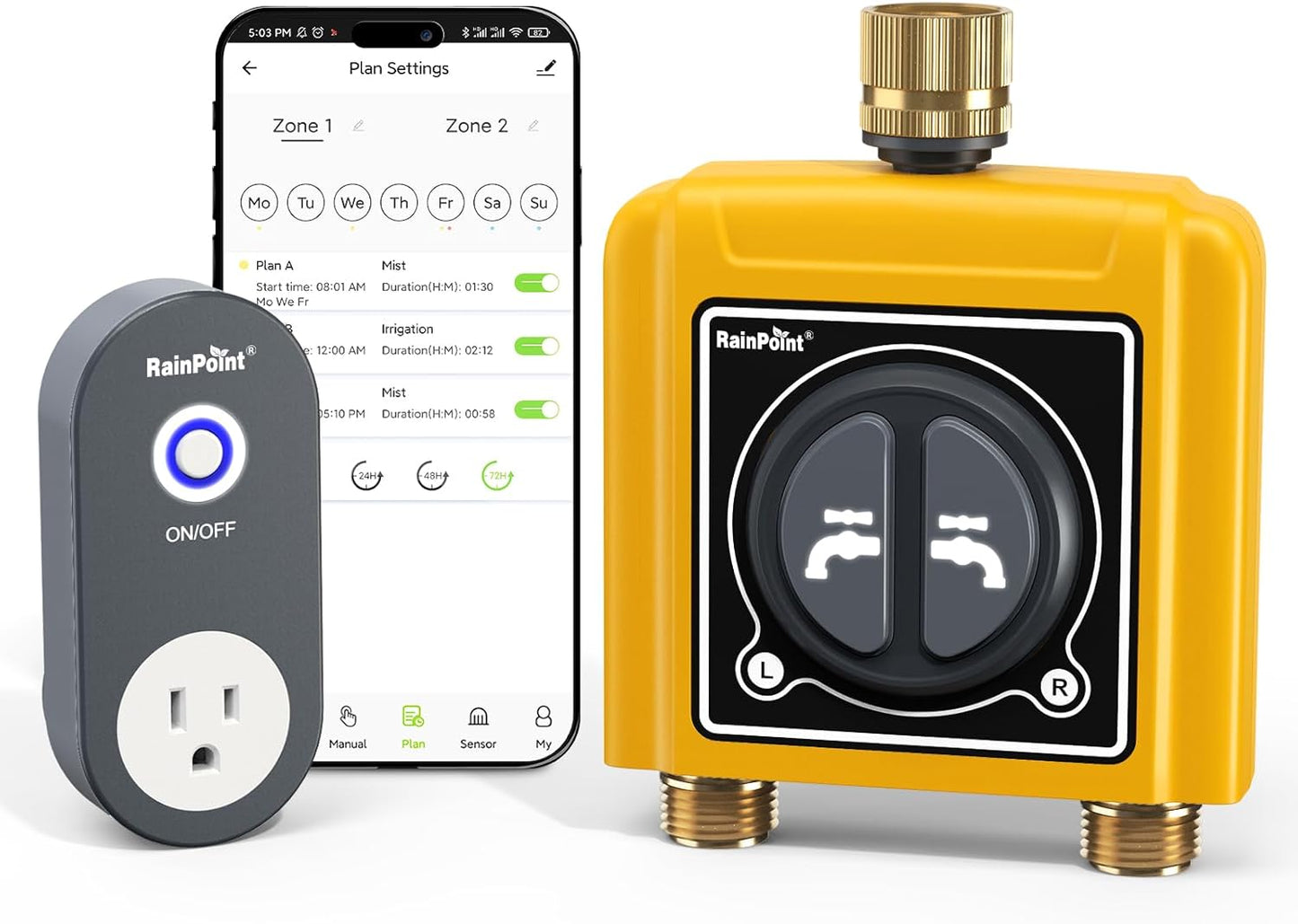 RAINPOINT WiFi Water Timer with Brass Inlet & Outlet，2 Zone WiFi Hose Timer for Lawn,WiFi Sprinkler Controller via APP/Voice Control,Automatic Watering System by Time/Weather/Quantity/Soil Moisture