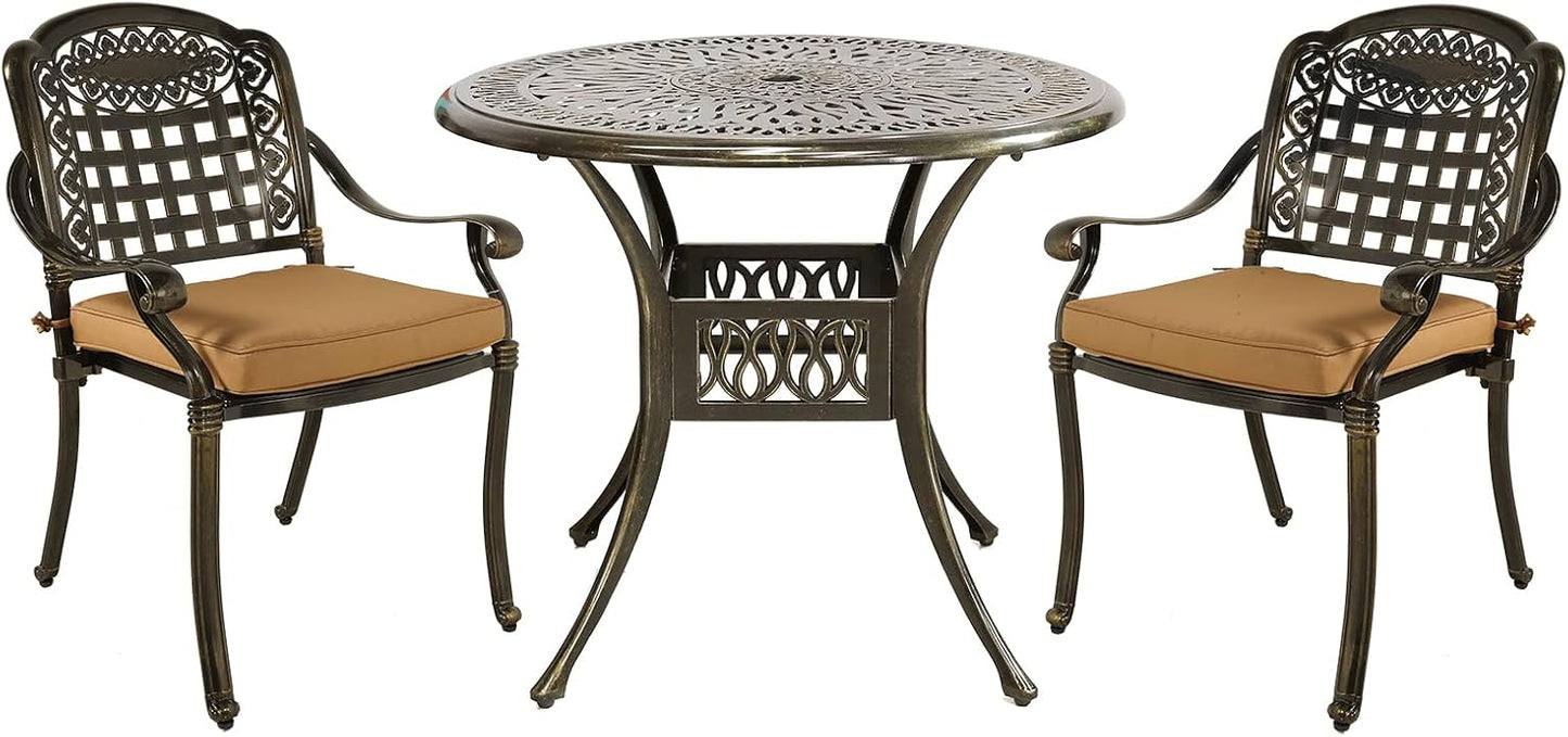 MEETWARM 3 Piece Patio Bistro Set, Outdoor All-Weather Cast Aluminum Dining Furniture Set Includes 2 Chairs with Cushions and a 35.4” Round Table with Umbrella Hole for Garden Deck