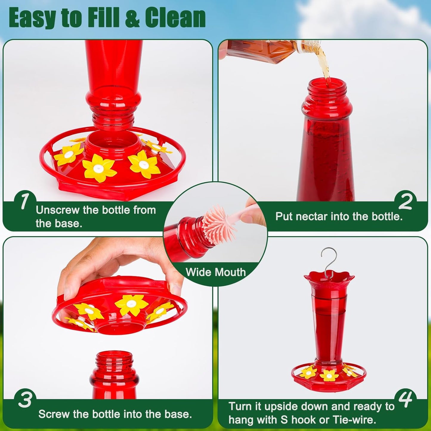 10 OZ Glass Hummingbird Feeders for Outdoors Hanging - Red 2 Pack, Ant & Bee Proof and 6 Feeding Ports, Garden Yard Décor Gifts for Mom