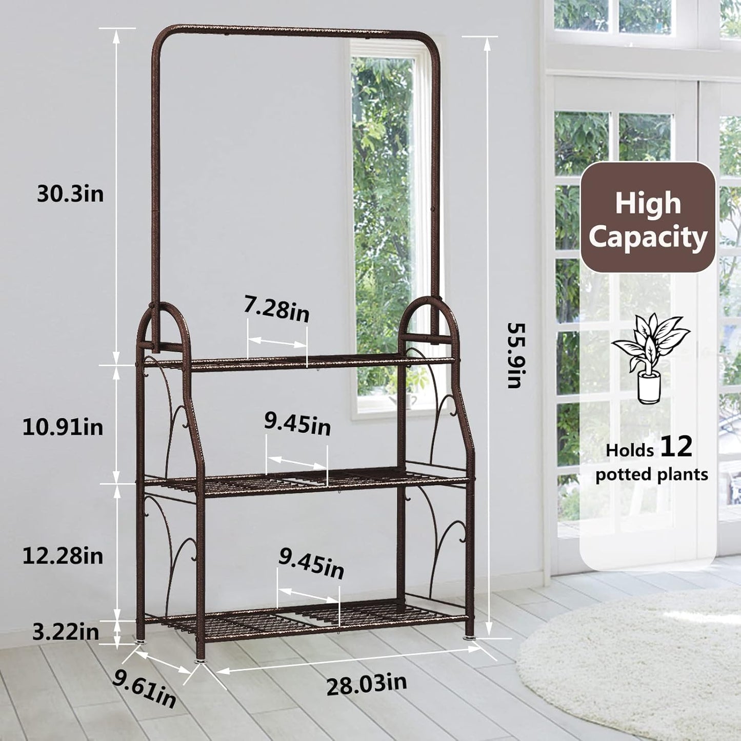 SORCEDAS Plant Stand Indoor Outdoor 3 Tier Tall Corner Hanging Shelf Metal Flower Stands Ladder Holder for Living Room Balcony Garden Patio Multiple Plants, Bronze