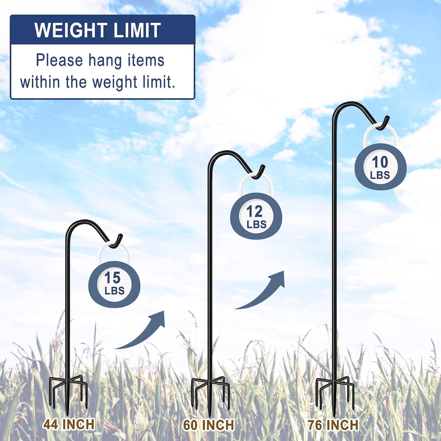 Shepherds Hook for Outdoor Bird Feeders Pole 76 Inch Tall, Adjustable Heavy Duty Garden Hanger Stake Pole with 5 Prong Base, Shiny Black (2 Packs)