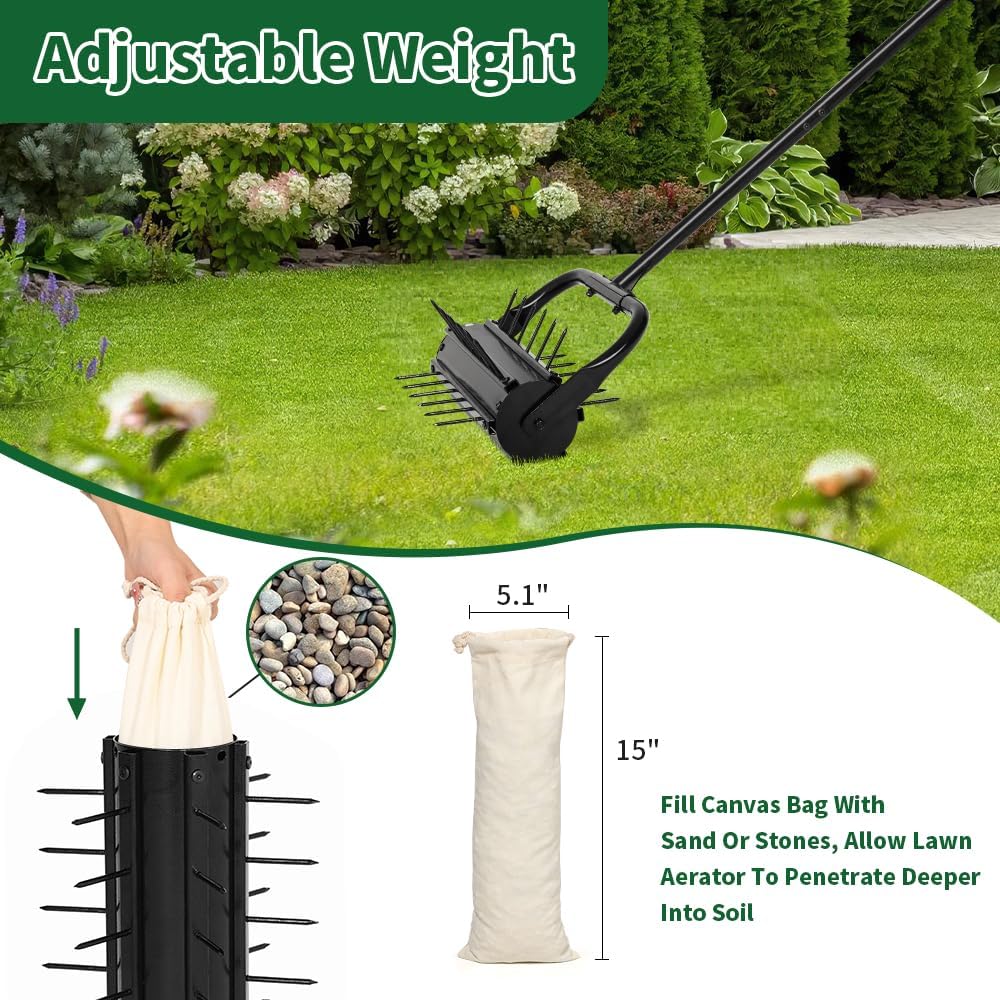Lawn Aerator, 17'' Grass Rolling Aerators Tool Manual Garden Aerator with Handle Aeration Tool Lawn Steel Nails Aerator Machine with Sandbag, Patio Soil Roller Air Aerator Tool for Yard