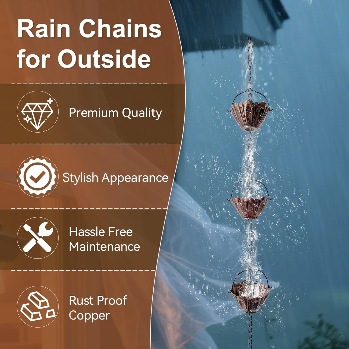 Copper Lotus Rain Chain 8.7 FT, Decorative Metal Rain Catcher with 12 Cups, Gutter Downspout Replacement