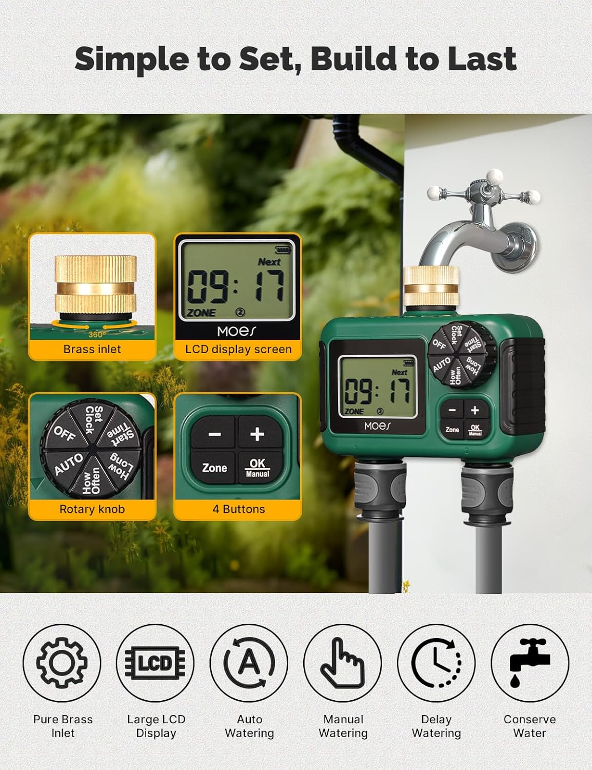 MOES 2 Outlet Sprinkler Timer, Brass Inlet, Programmable Automatic Irrigation Controller, Rain Delay, Manual Watering, 2 Zone Water Hose Timer for Gardens, Lawns, and Hose Systems