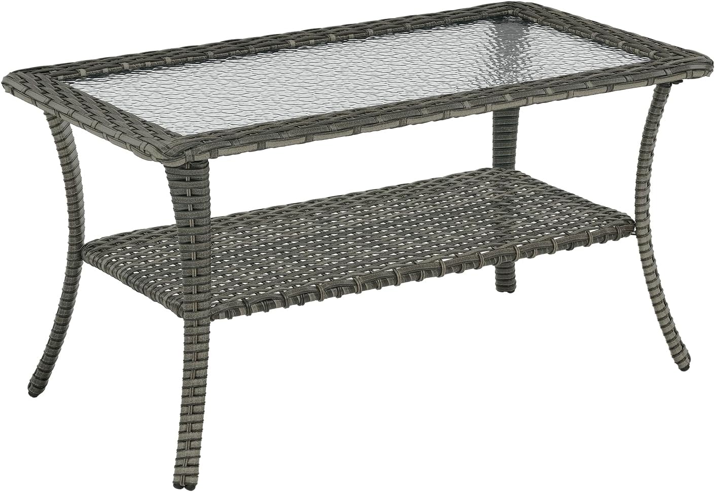 Patio Tables Outdoor Coffee Table - Wicker Rattan Coffee Tables with 2-Tier Storage Shelf Glass Top for Outside Proch Deck Balcony Garden Rectangle Mixed Grey