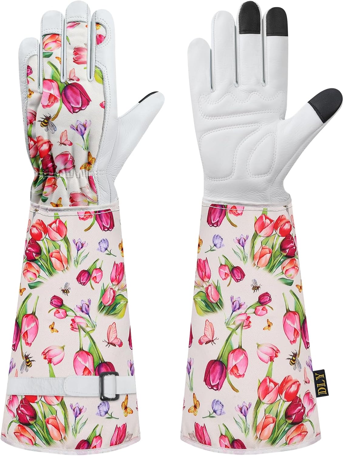 DLY Gardening Gloves for Women, Rose Gloves Gardening Thorn Proof, Long Garden Gloves for Women, Breathable Cowhide Leather Gauntlet(Medium,White)