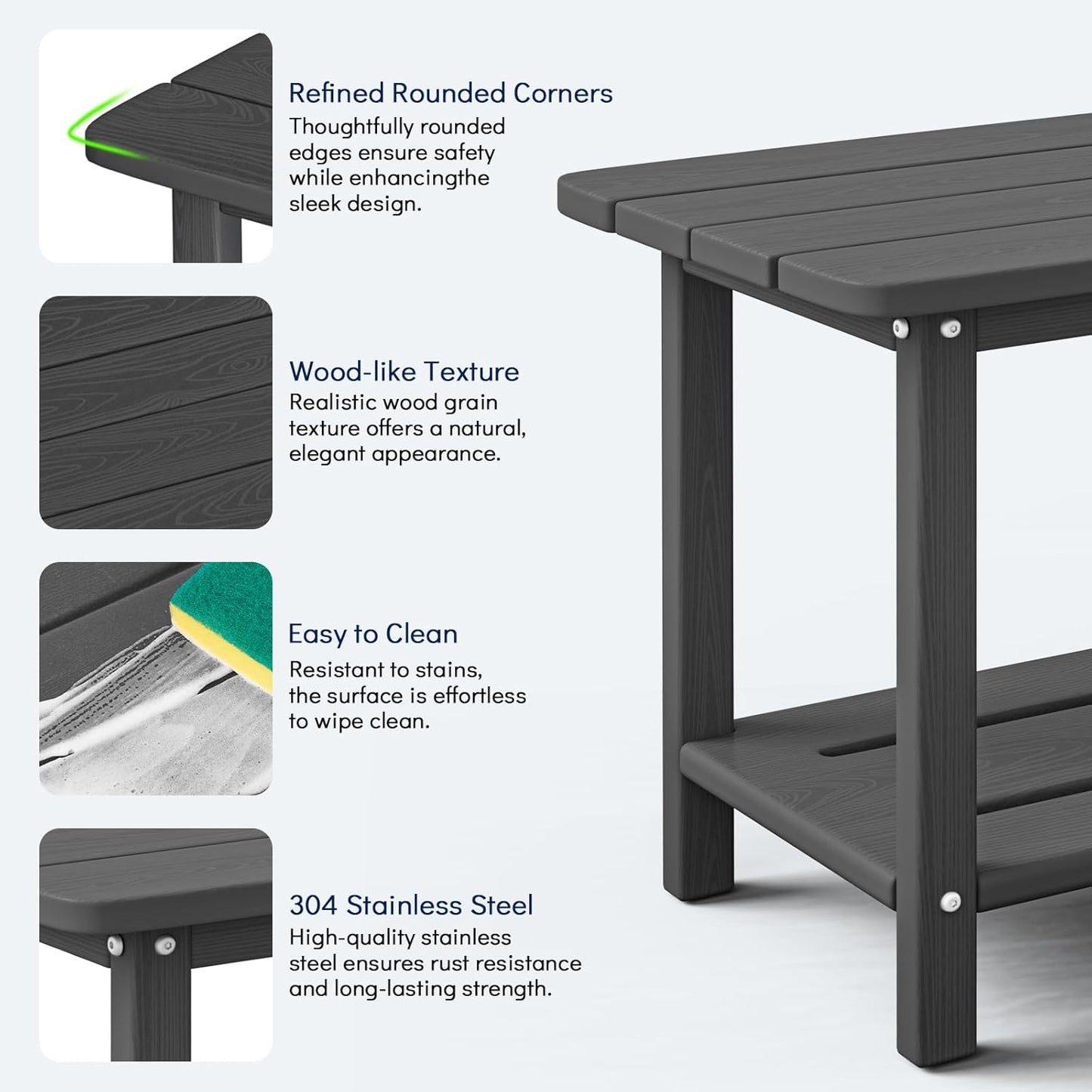 Adirondack Square Side Table - 18.4" Large Panel HDPE Outdoor End Table - Weatherproof, Rustproof & Low Maintenance for Patio, Lawn, Pool, Indoor Use (Grey)