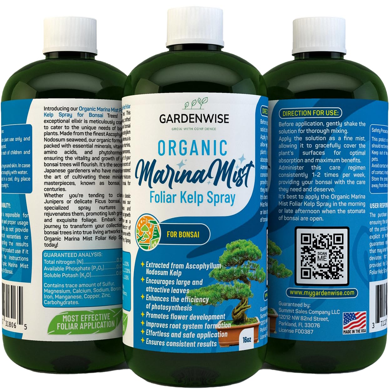 Organic Marina Mist Foliar Spray for All Live Indoor and Outdoor Bonsai Tree Plants | Micro Nutrients for Vital Bonsai Health | Gentle Formula | Liquid Plant Food | Quick Results (16 oz)