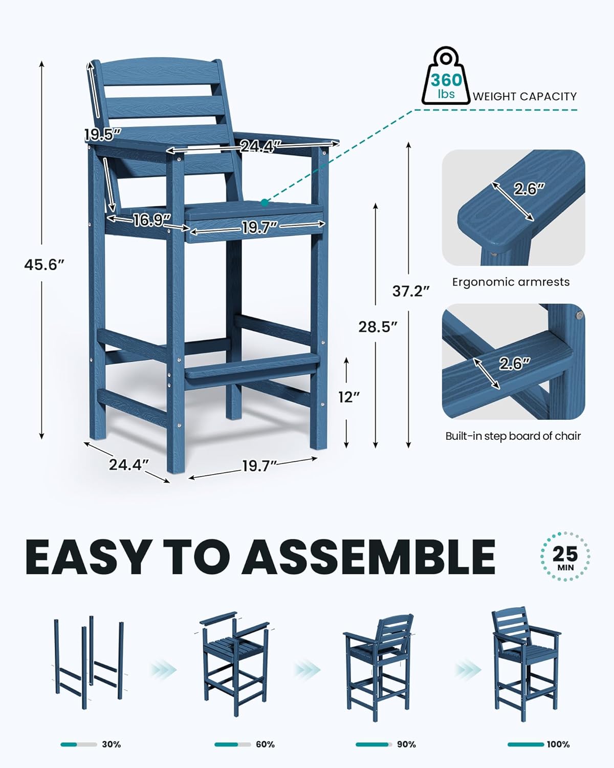 SERWALL Tall Adirondack Chairs Set of 2, Oversize Balcony Adirondack Chairs Set, Outdoor Bar Height Barstools Widened Chair Set for Bistro, Poolside, Garden, Blue