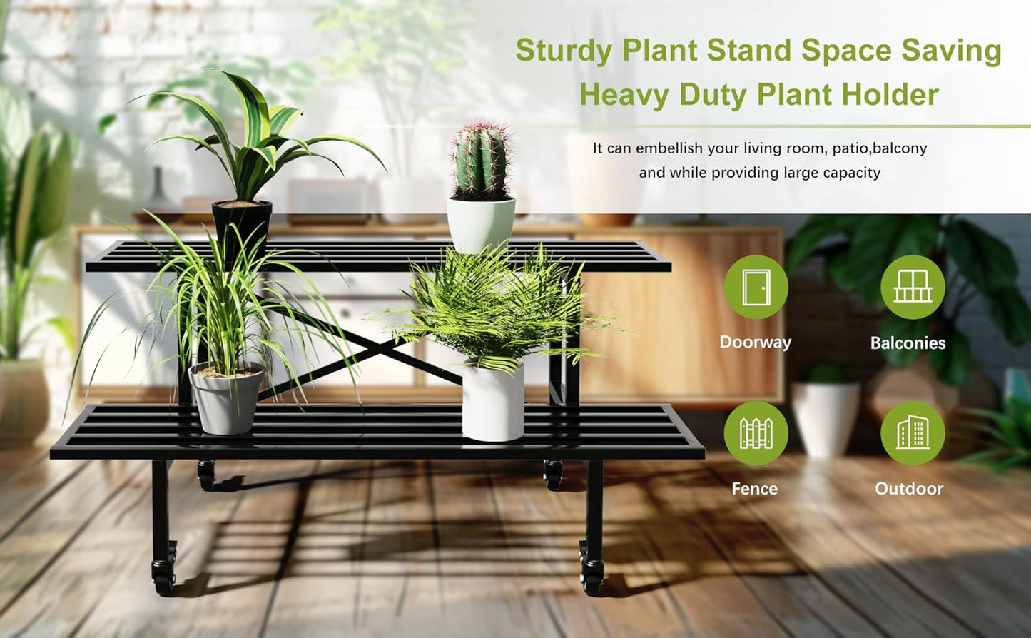 Zhongma 2 Tier Sturdy Metal Plant Stand with Wheels, L35.43 x W17.5 x H16.14 inch, Heavy Duty Plant Holder for Home Indoor and Outdoor,440 LBS Capacity & Heavy Duty Construction
