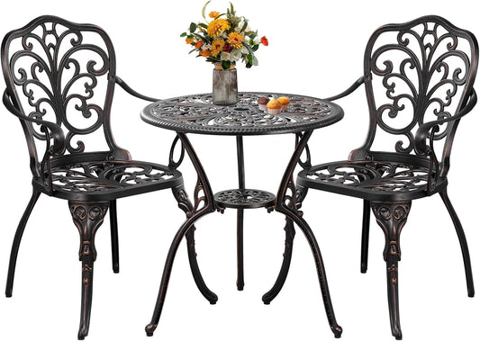 3 Piece Cast Aluminum Bistro Set, Bronze Bistro Table and Chairs Set of 2, 3 Piece Patio Furniture Set with 1.97" Umbrella Hole for Backyard, Balcony, Deck