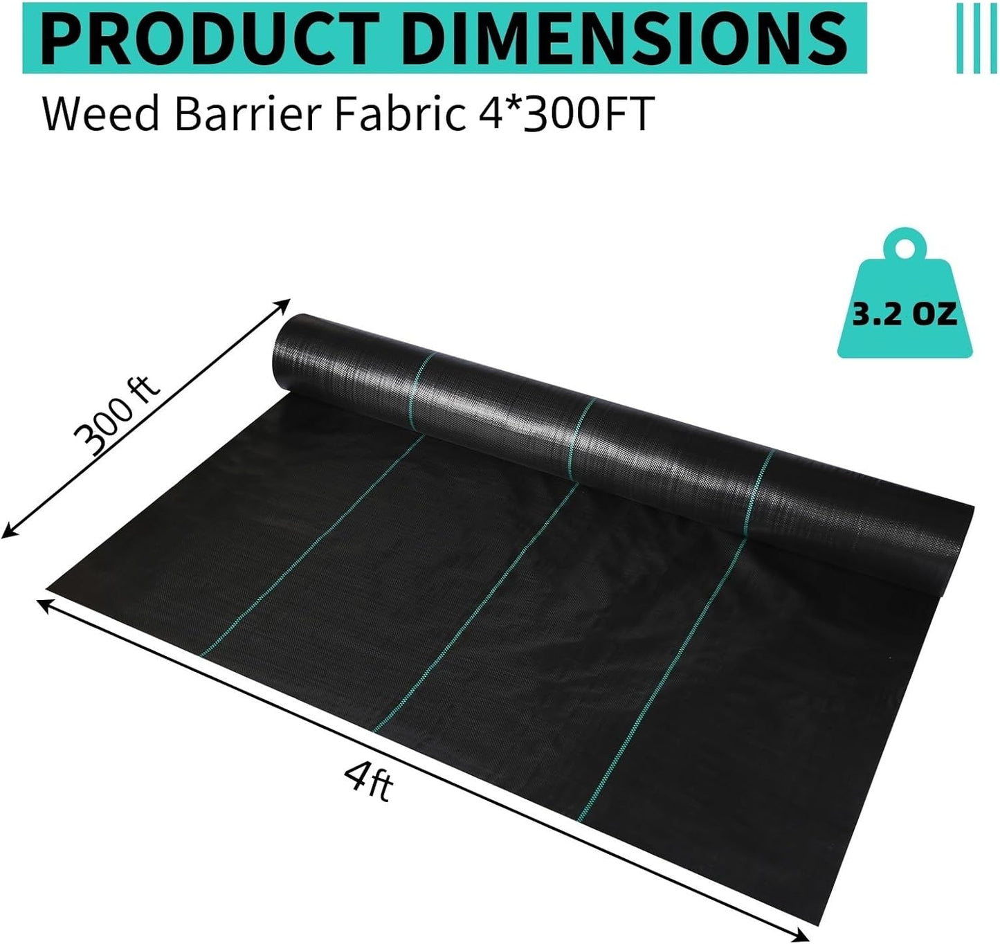 4 x 300 FT Weed Barrier Fabric,3.2 OZ Landscape Fabric,Heavy Duty PP Ground Cover for Gardening,Farming