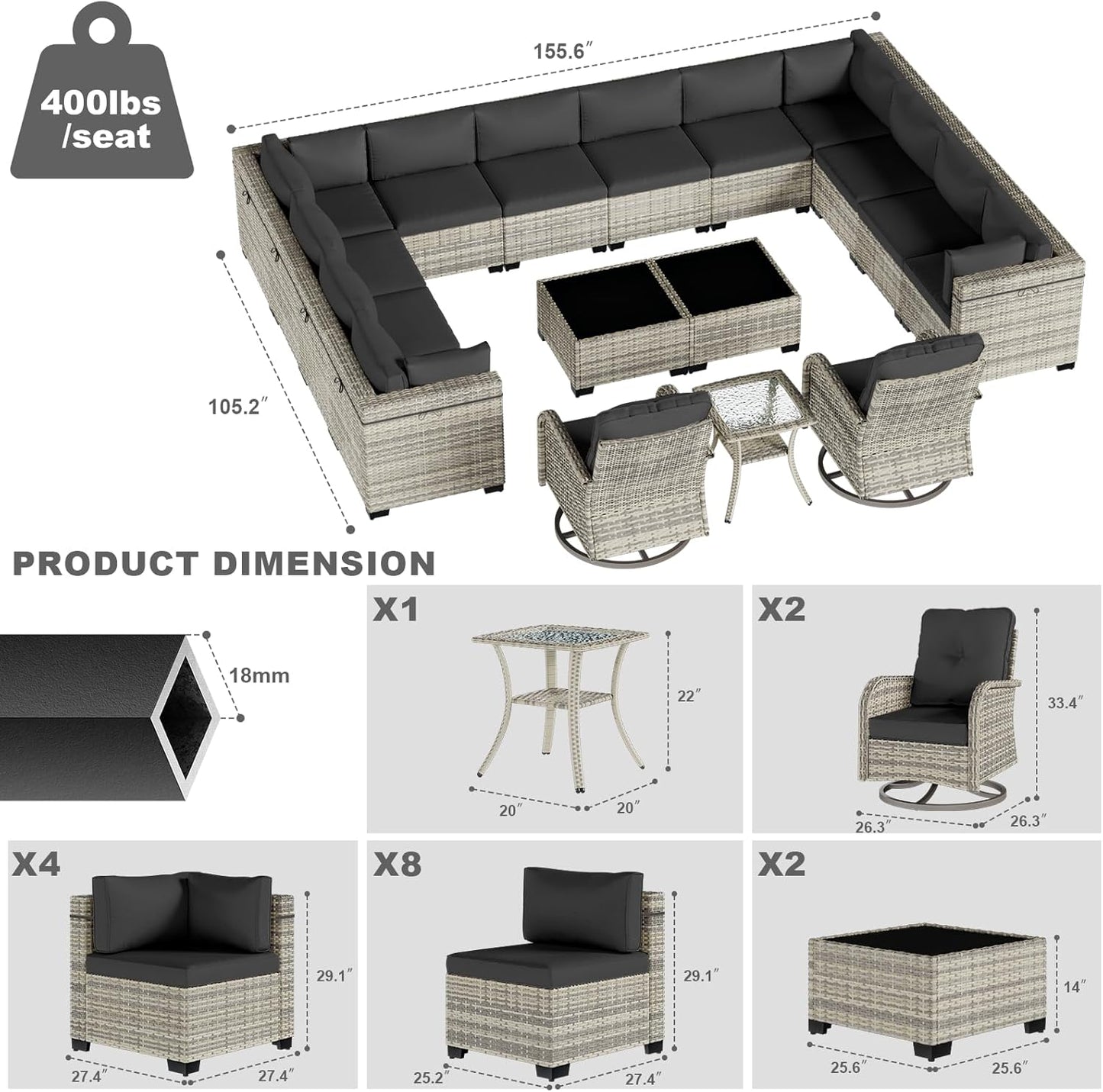 17-Piece Patio Furniture Set, Outdoor Patio Furniture with Swivel Chairs Set, Thick Cushions, Modular Patio Sofa, Dual-Strand Wicker Rattan, Rust-Resistant Frame, Black