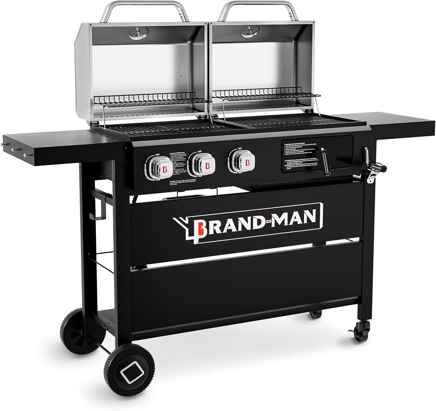 Brand-Man Propane Gas and Charcoal Grill Combo, Dual Fuel BBQ Combo Grill with Stainless Steel Dual Lids & 2 Side Shelves for Outdoor Kitchen & Backyard Barbecue Cooking