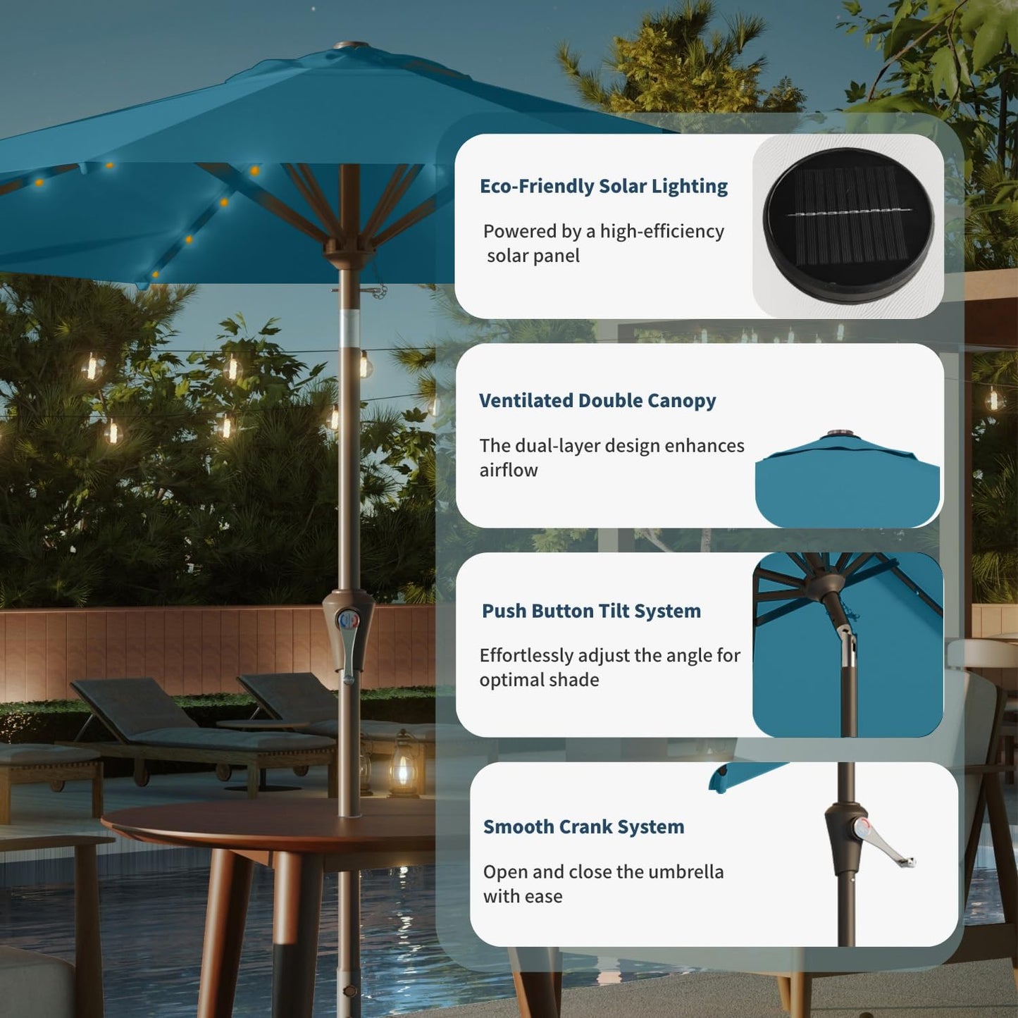 10FT Solar Umbrella 32 LED Lighted Patio Umbrella Table Market Umbrella w/Tilt and Crank, UV-Resistant Outdoor Umbrella for Pool, Garden, Deck, Lake Blue