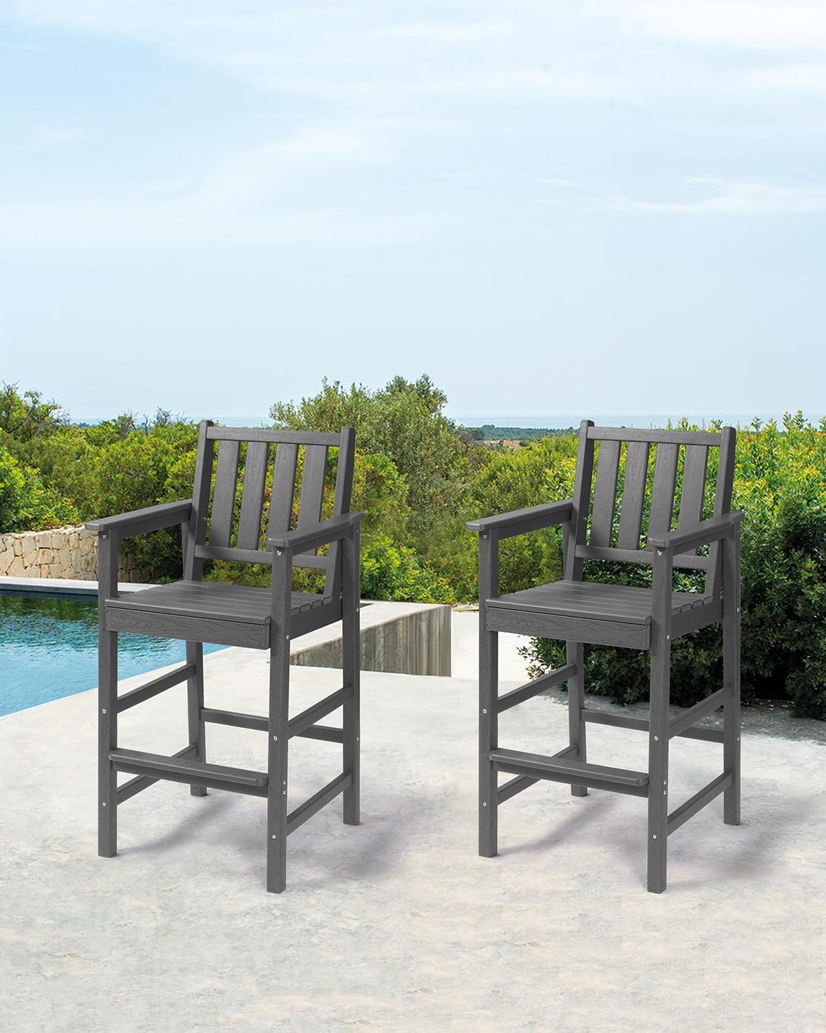 Adirondack Bar Chair Set of 2, HDPE Tall Adirondack Chairs Bar Stools with Footrest, Outdoor Bar Height Stool Chair Set, HDPE Patio Barstools Set for Balcony, Porch, Deck, Pool, Smoke Gray