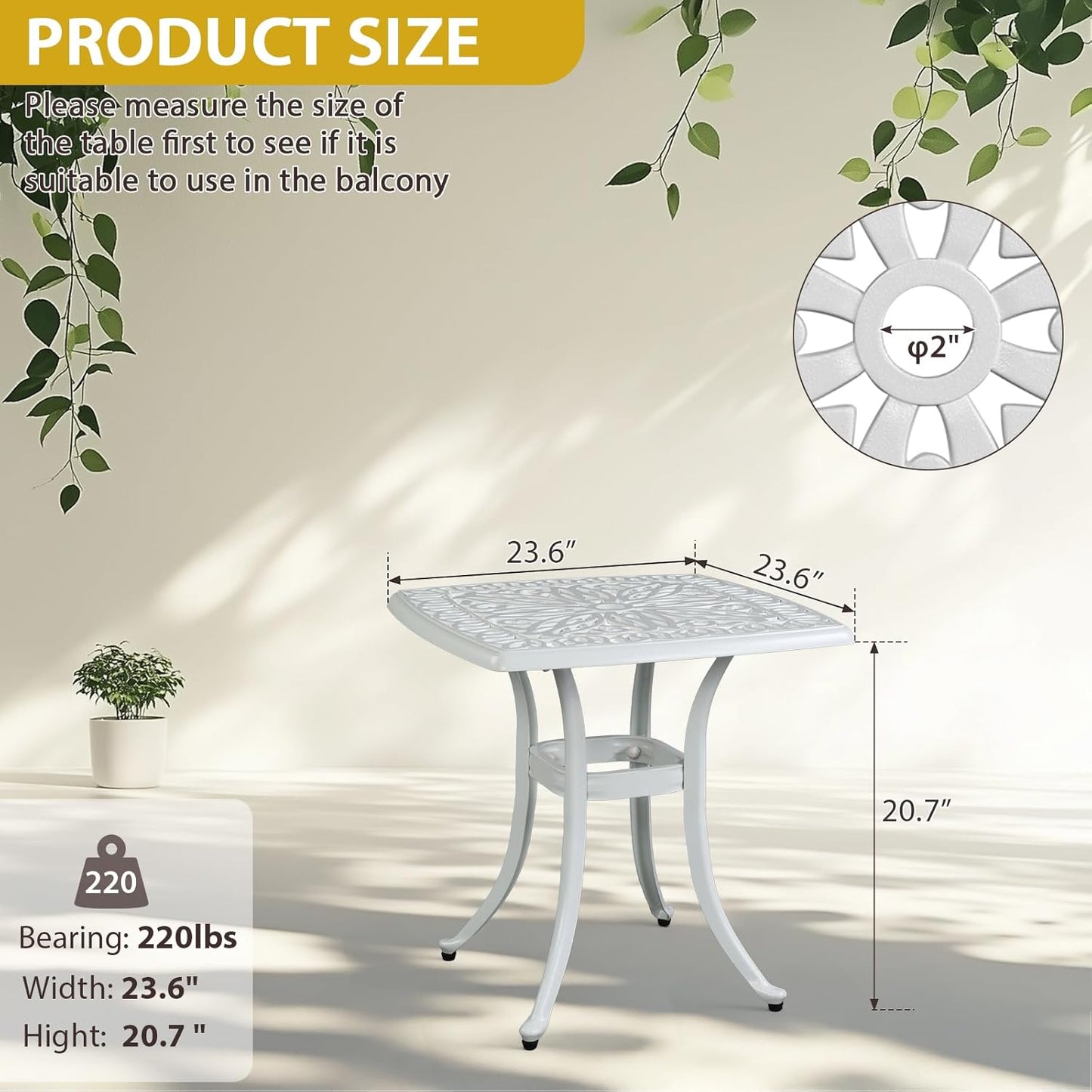 Outvita Patio Side Table, 21.3in Outdoor Square Cast Aluminum Bistro Table with Umbrella Hole and Antique Design for Backyard Porch Pool Balcony Deck White