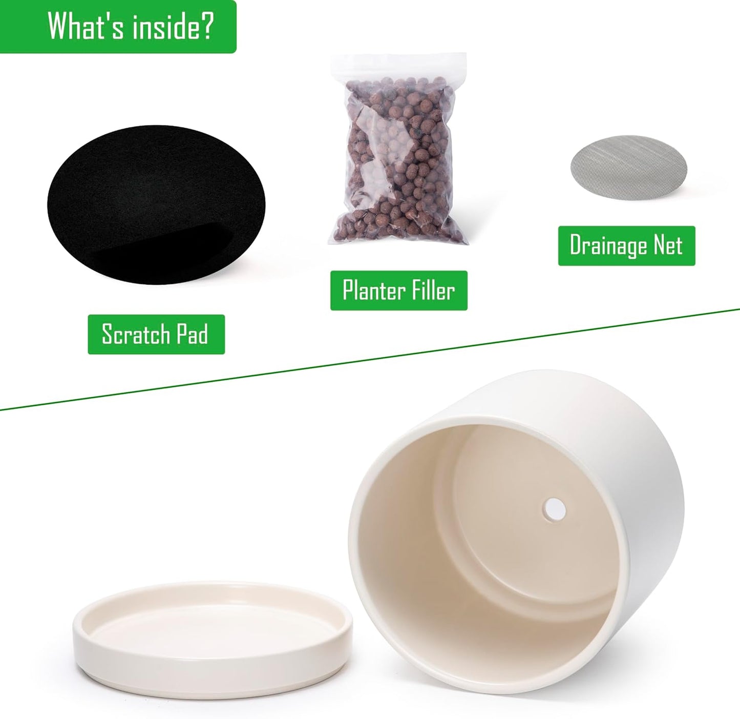 D'vine Dev 8 Inch Ceramic Planter Pot with Drainage Hole and Saucer, Indoor Cylinder Round Planter Pot, Oatmeal, 94-O-D-8