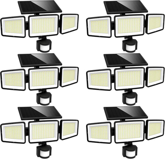 UME Solar Outdoor Lights 302 LED 3000LM, IP65 Waterproof Motion Sensor Outdoor Lights, 3 Heads Solar Security Flood Lights 270 Wide Lighting Angle with 3 Modes for Garden Patio Yard - 6 Pack