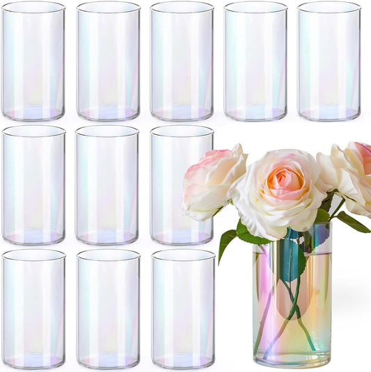 12pc Glass Cylinder Bud Vases for Centerpieces,6 inch Tall Irised Crystal Clear Flower Vases in Bulk,Hurricane Glass Candle Holders for Table Centerpiece Formal Dinners Home Decor