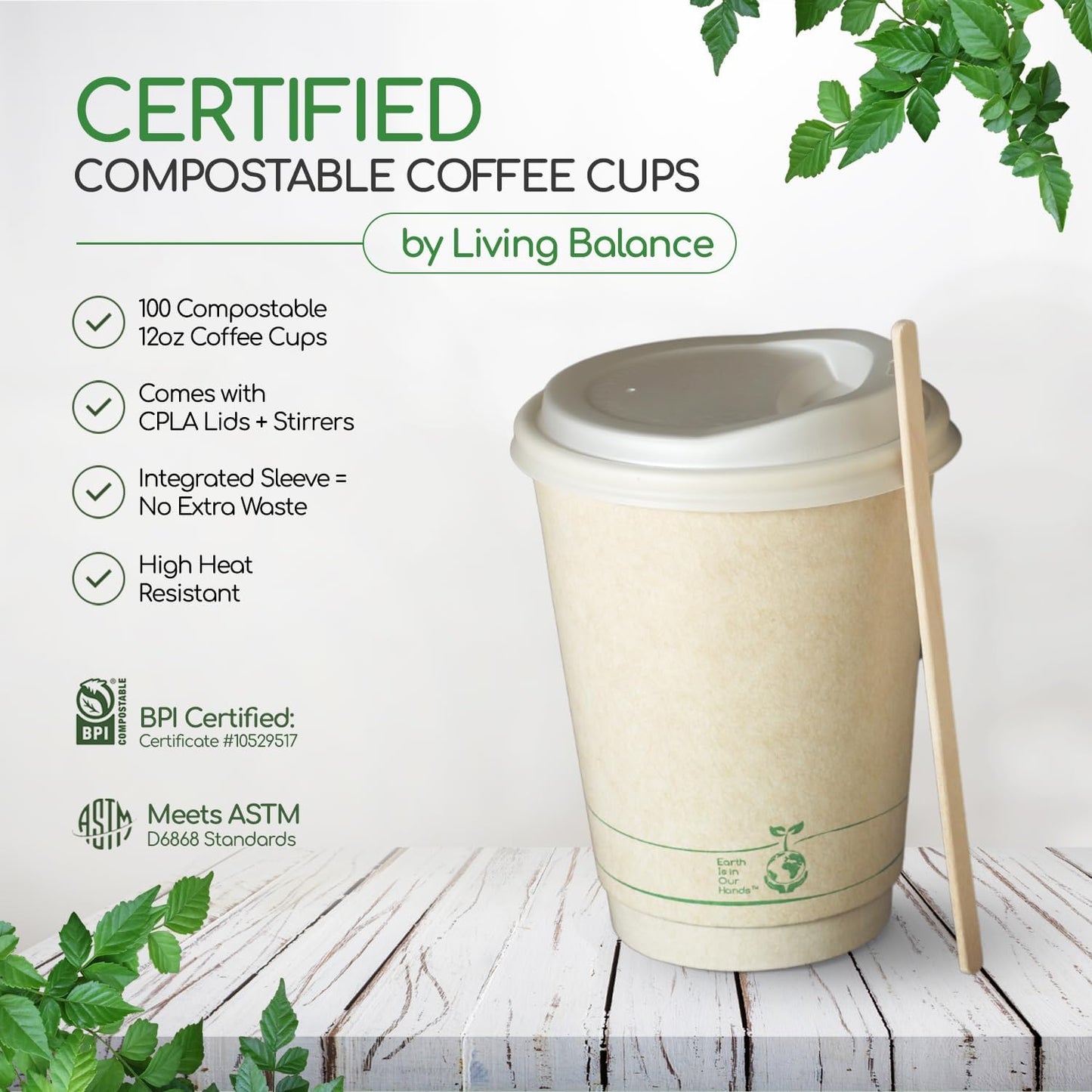 Living Balance Certified Compostable Coffee Cups with Lids 12 oz – 100 Pack Cups with Stirrers & Integrated Sleeves | Leak Proof, BPA-Free & PLA Certified Plant-based | To-Go cup for Hot & Cold Drinks