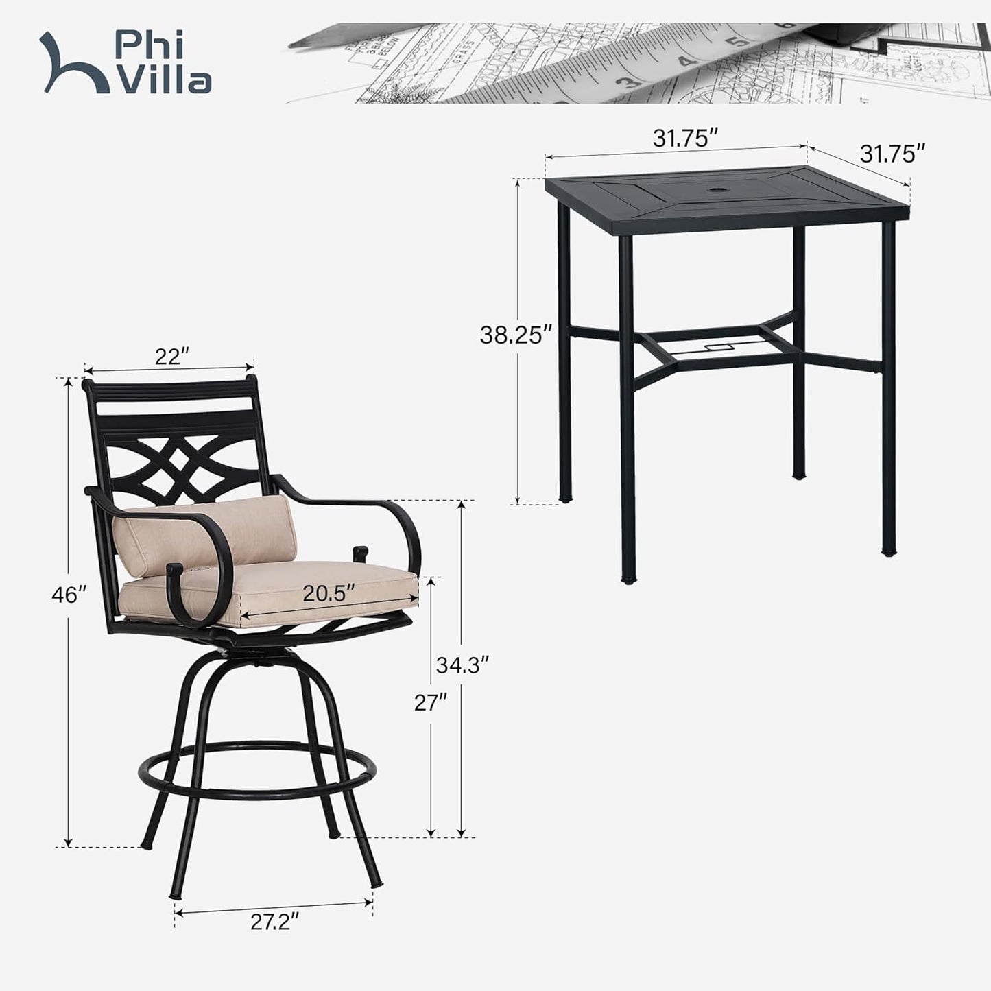 PHI VILLA 3 Piece Patio Bar Set,Outdoor Bar Table and Chairs Set, Strong and Heavy Duty Outdoor Bar Set with Cushion and Pillow，2PC Swivel Bar Stools with Square Bar Height Table