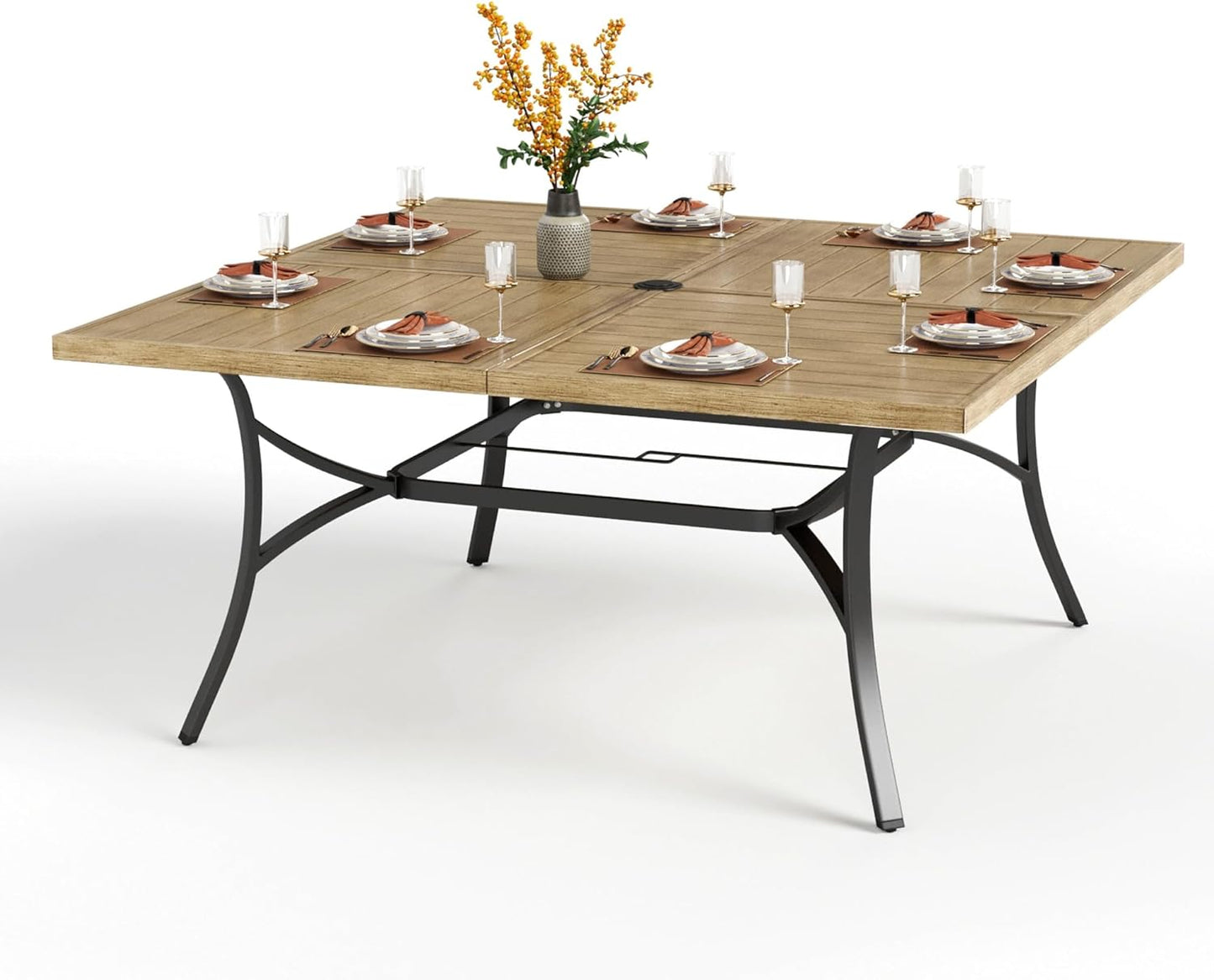PHI VILLA Large Outdoor Patio Table for 8 Person, 60" Square Metal Steel Slat Table with 1.57"-1.9" Adjustable Umbrella Hole, Weather-Resistant Outdoor Dining Table for Deck Backyards, Brown