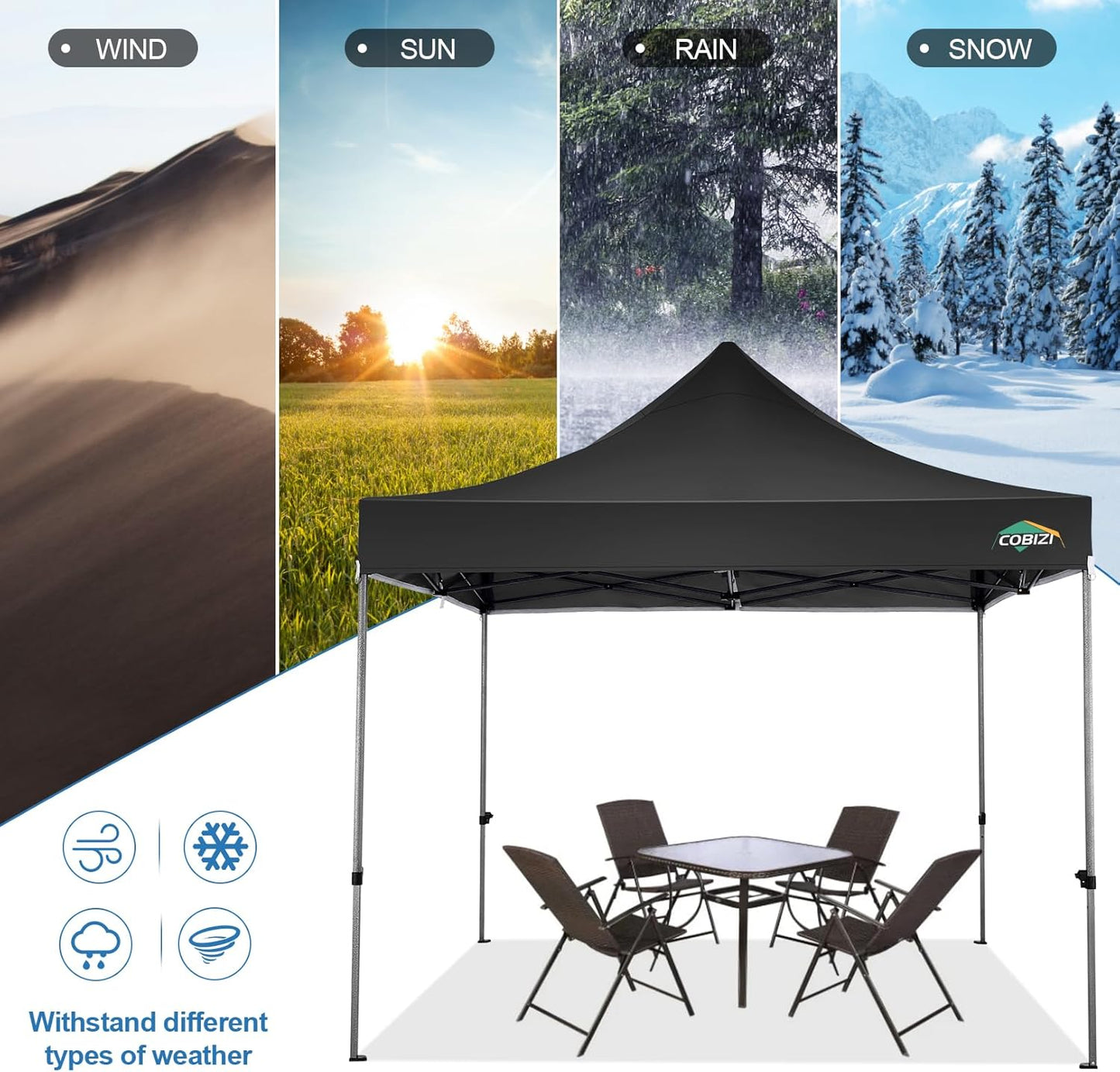 COBIZI 10x10 Pop Up Canopy Tent 10x10 Easy up Canopy, Heavy Duty Outdoor Canopy UPF 50+ All Weather Waterproof Instant Party Tents for Parties Gazebo with Handbag, Black(Windproof Upgraded)